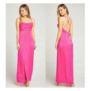 Windsor Pink Pop Glitter Cowl Neck Maxi Dress Ruched Side Slit Open Back S NEW